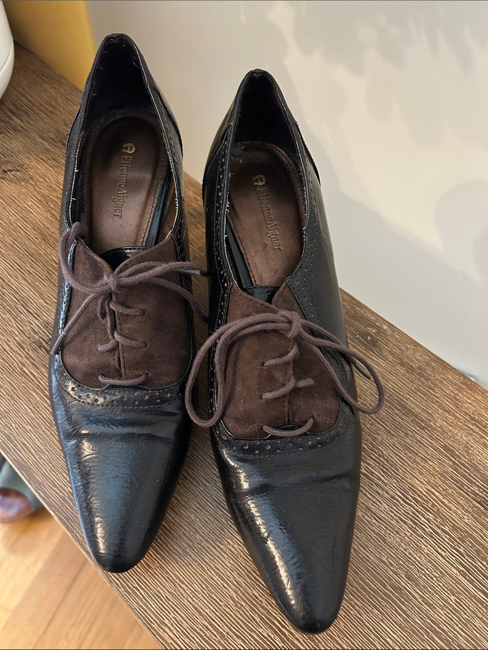 Vintage Etienne Aigner Black and Brown Pointed Toe Lace-Up Heels